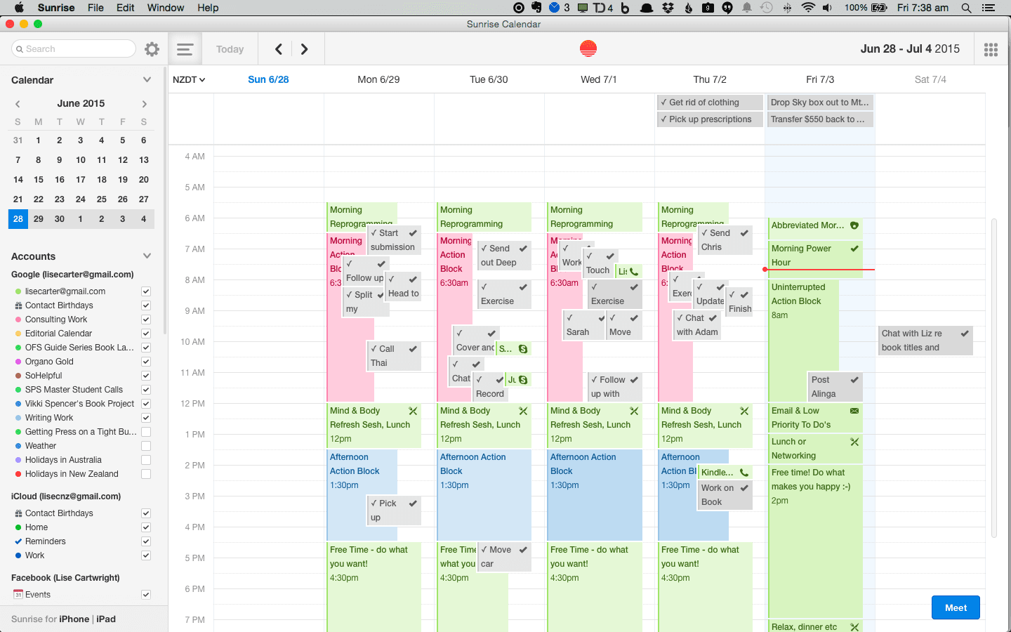 Lise's weekly schedule