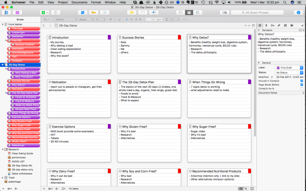 Outlining and notes in Scrivener